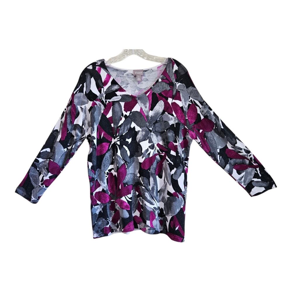 CHICO'S 1 Women's 8 10 Sweater Artsy Floral Purple Black Hint Of Cashmere 40"